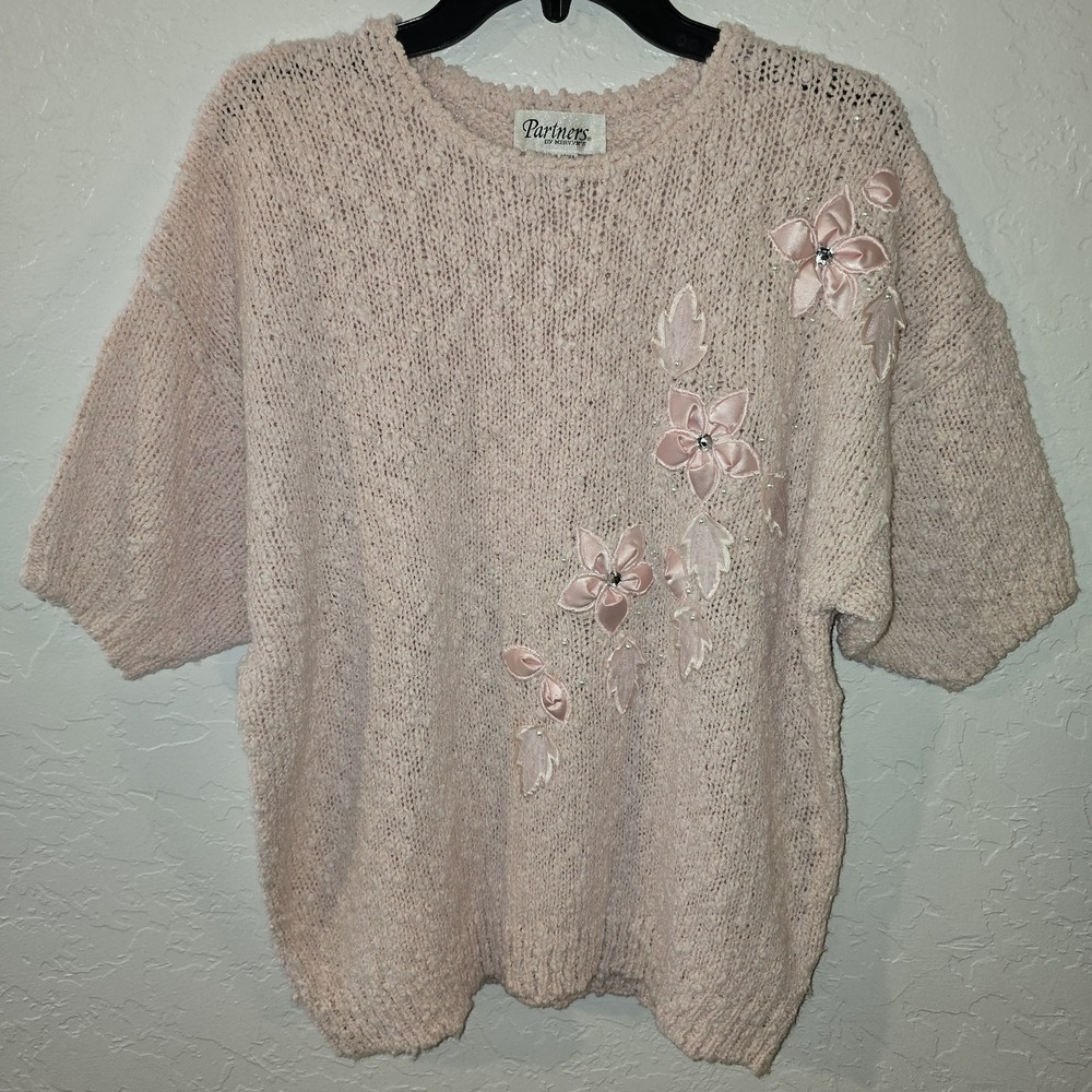 VTG 90s Partners Mervyns Women's Pink floral Short Sleeve Acrylic Sweater Large